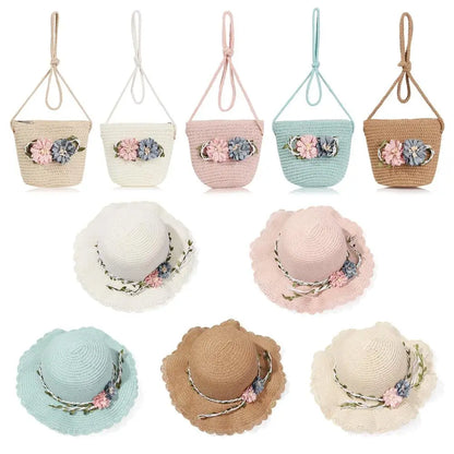 New Summer Kids Flower Caps Bag Girl Sandy Beach Hat Baby Coin Cute Weave Straw Purse Children's Messenger Backpack