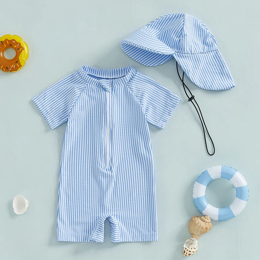 Maillots de bain d'été pour bébés garçons, imprimés rayés, fermeture éclair, col rond, manches courtes, combinaisons anti-éruption cutanée, chapeaux, maillots de bain