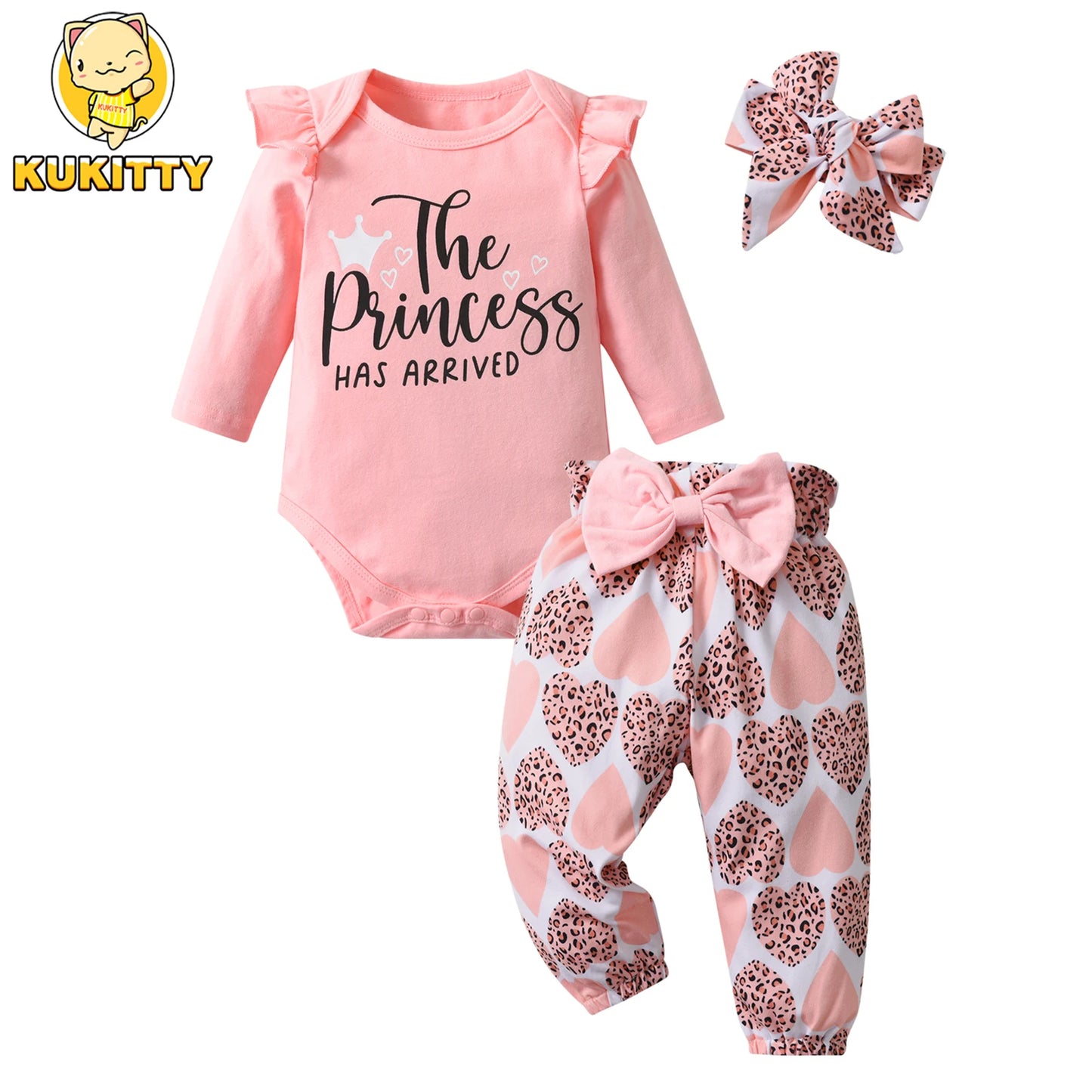 Ensemble 3 pièces pour bébé fille, barboteuse à manches longues avec lettres, pantalon et bandeau