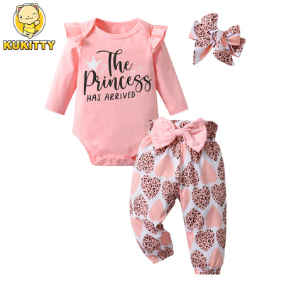 Ensemble 3 pièces pour bébé fille, barboteuse à manches longues avec lettres, pantalon et bandeau