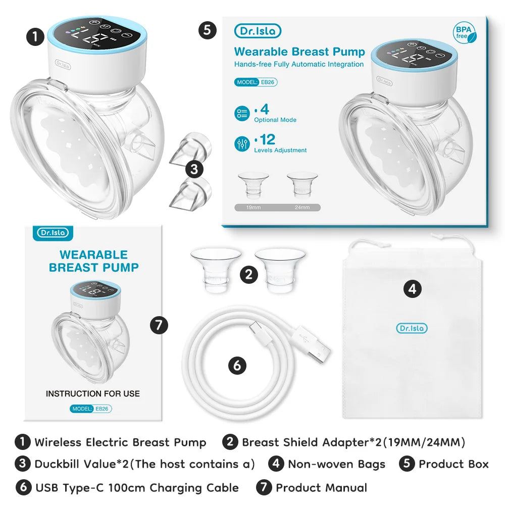 Tire-lait électrique portable MAMIJOY, 4 modes, 12 niveaux, tire-lait mains libres, silencieux et confortable, avec bride de 19/24 mm, EB26