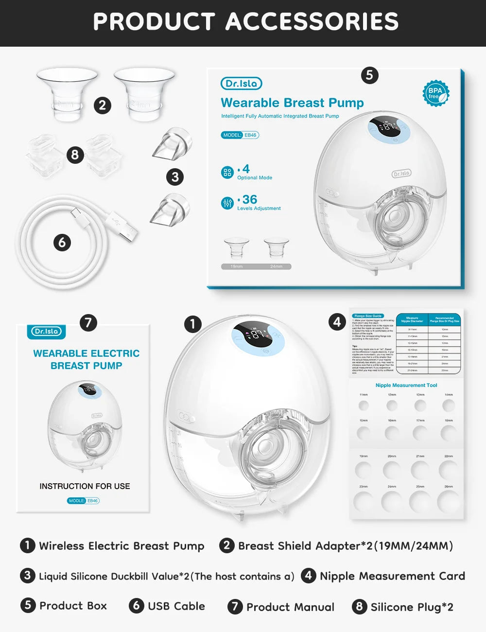 1PCS Wearable Electric Breast Pump 4Modes & 36Levels Comfort Milk Collector Portable Electric Breast Pump BPA FREE 210Ml