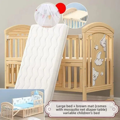 2025New Solid Wood Baby Crib Movable Splicing Bed Multifunctional Baby Rocking Bed Adjustable Guardrail Height with Mosquito Net