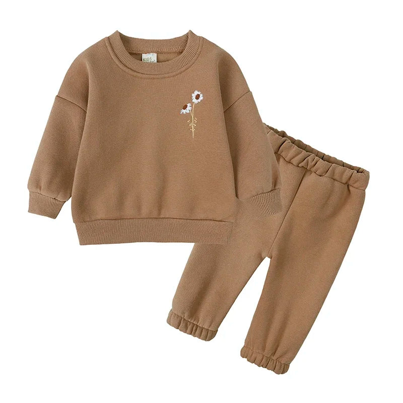 Ensemble de vêtements d'hiver pour bébé garçon et fille, sweat-shirt et pantalon en polaire épaisse brodée de fleurs, survêtement chaud pour enfant, tenue unisexe pour tout-petits, 2025