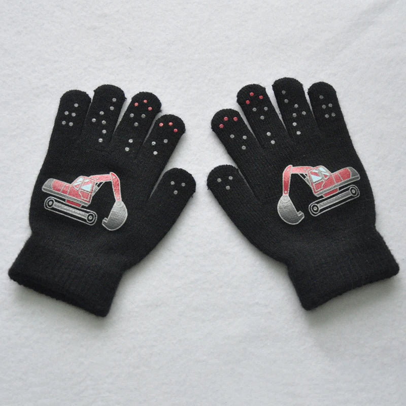5-11Y Children Cartoon Vehicle Plush Warm Gloves For Boys Girls Student Winter Knitted Mittens Outdoor Cycling Skiing Gloves New