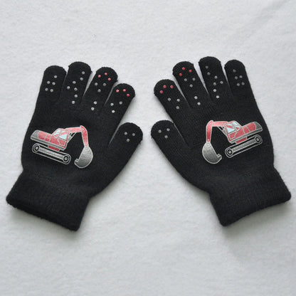 5-11Y Children Cartoon Vehicle Plush Warm Gloves For Boys Girls Student Winter Knitted Mittens Outdoor Cycling Skiing Gloves New