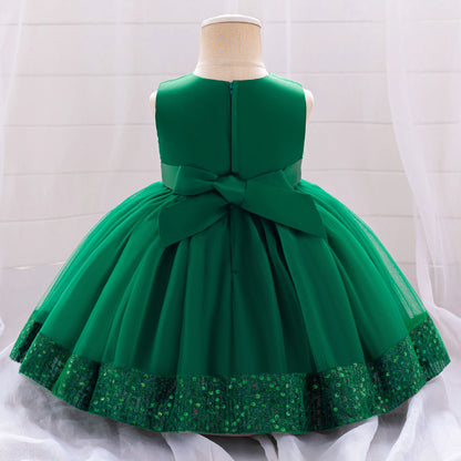 Robe de soirée à paillettes pour petite fille, tenue de bal de fin d'année, de mariage, de Noël, de 1er anniversaire, avec nœud, tenue de princesse en dentelle pour demoiselle d'honneur