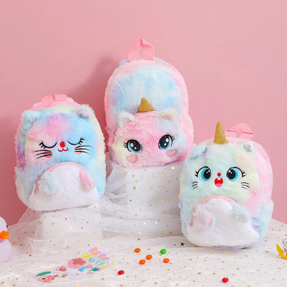 Girls and Boys Kindergarten Shoulders Bags Children's Cartoon Unicorn Plush Big Eyed Backpack Children's Colorful Plush Backpack