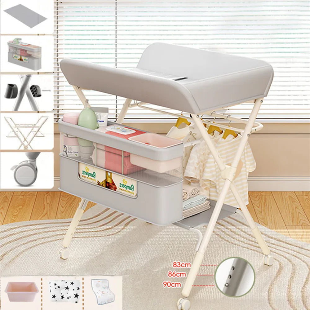 Portable Baby Changing Table for Nursery Height Adjustable Foldable Diaper Table with Swivel Wheels Drying Rack Large Storage