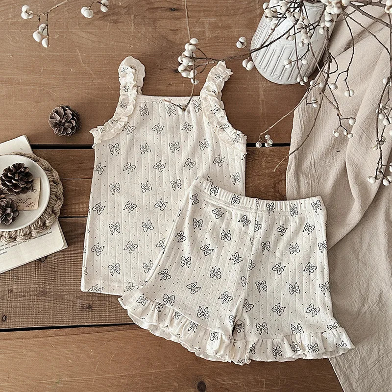 Ensemble de vêtements pour bébé, ensemble d'été pour petite fille, mignon nœud papillon, bretelles en dentelle + short, ensemble 2 pièces en coton confortable pour filles, ensemble pour nouveau-né