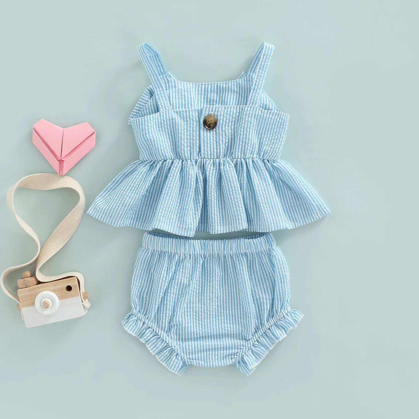 Ensemble short pour bébé fille, imprimé rayé, gros nœud, haut sans manches à bretelles et short extensible taille haute