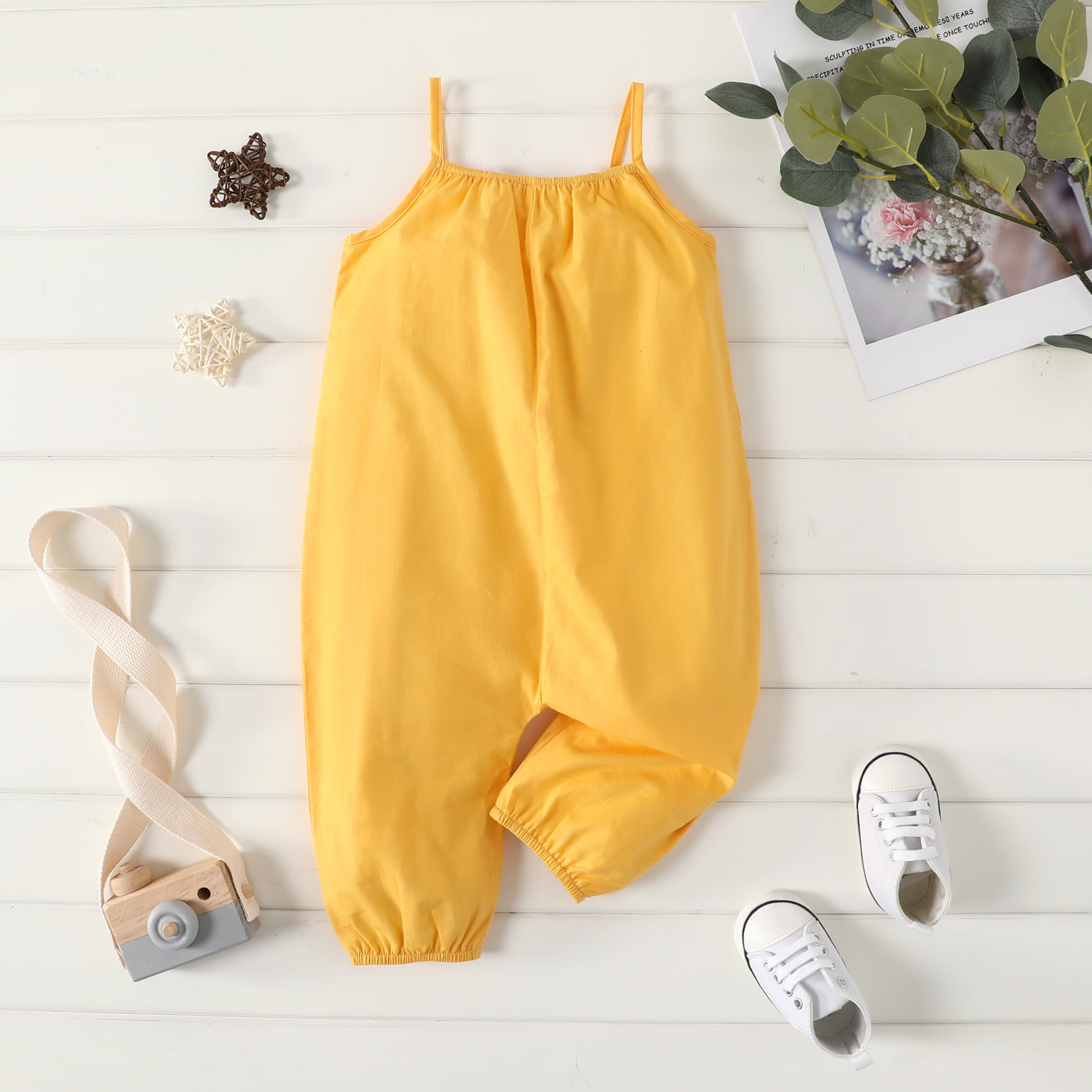 PatPat Salopette ample 100 % coton pour bébé fille, couleur unie, sans manches, bretelles spaghetti, sarouel, douce et confortable
