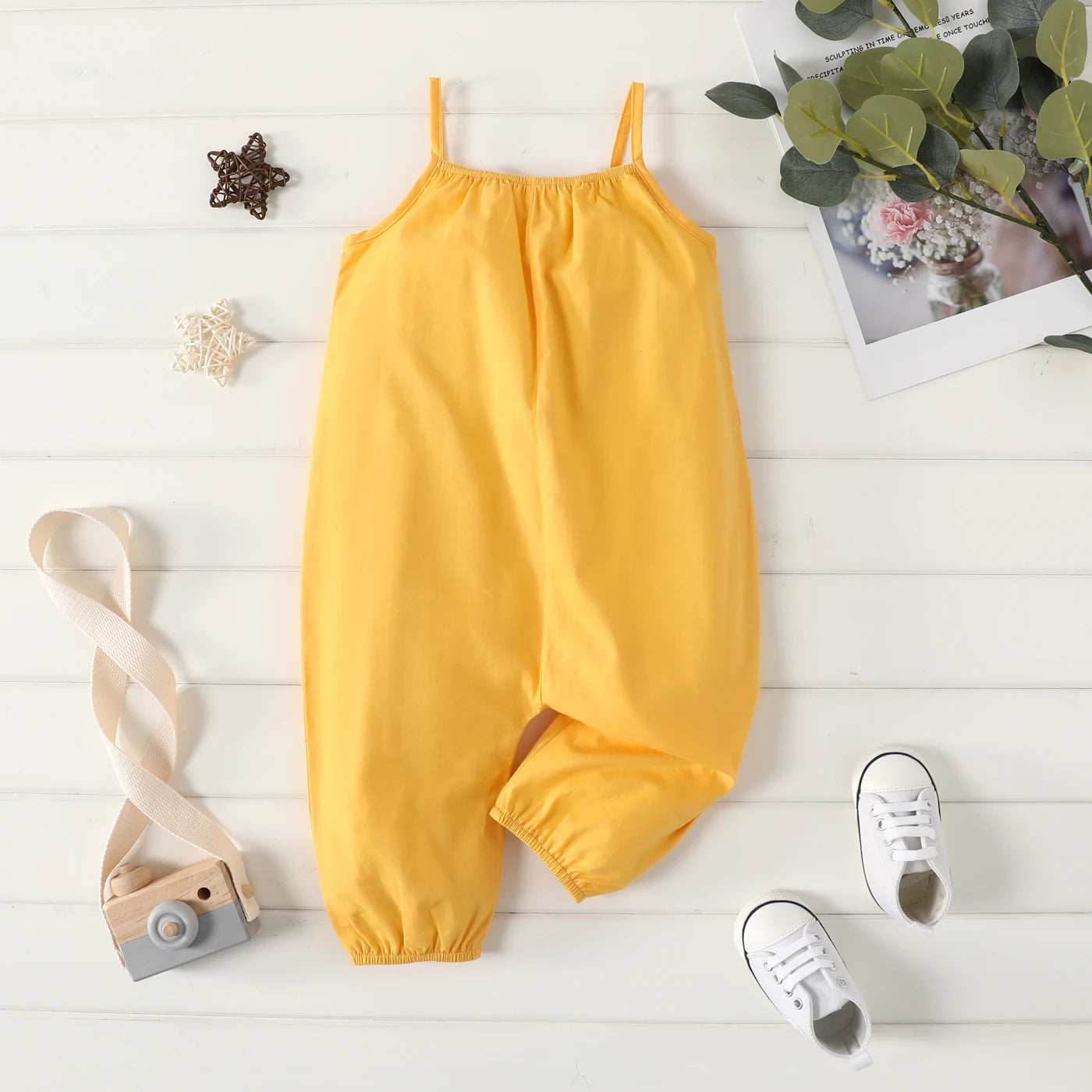PatPat Salopette ample 100 % coton pour bébé fille, couleur unie, sans manches, bretelles spaghetti, sarouel, douce et confortable