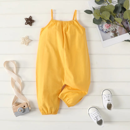 PatPat Salopette ample 100 % coton pour bébé fille, couleur unie, sans manches, bretelles spaghetti, sarouel, douce et confortable
