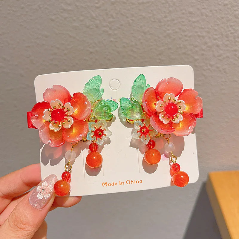 Children's Antique Style Tassel Hair Clip Headwear for Girls Hanfu Flower Hair Clip for Girls Bangs Hair Accessory