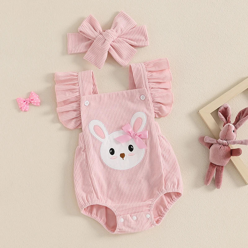 Barboteuse pour bébé fille, vêtements de Pâques, broderie lapin, manches volantées, body pour bébé, combinaisons avec bandeau