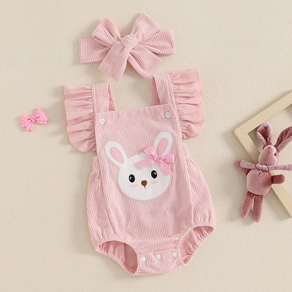 Barboteuse pour bébé fille, vêtements de Pâques, broderie lapin, manches volantées, body pour bébé, combinaisons avec bandeau