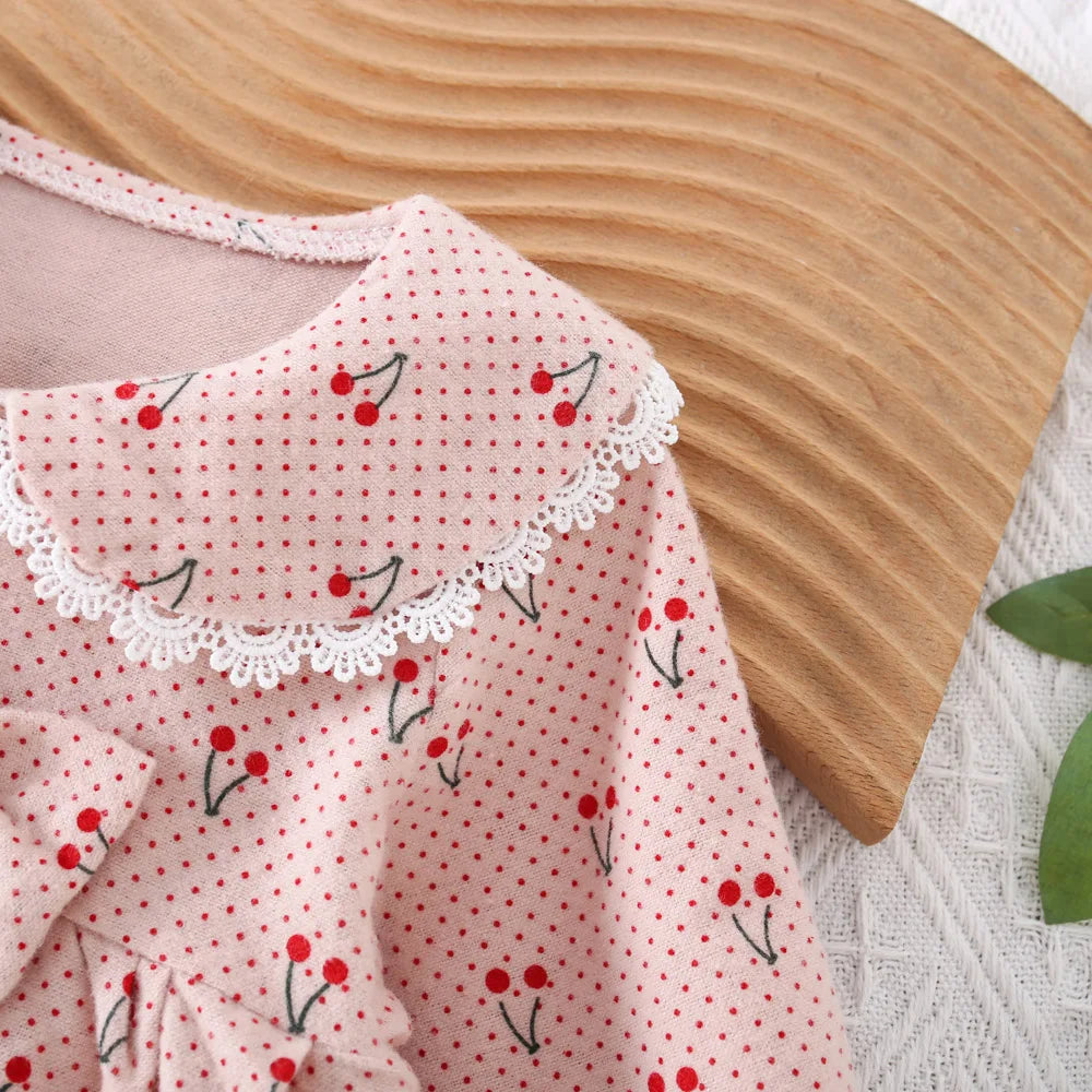 Jupe pour enfants de 0 à 3 ans, nouvelle collection printemps-automne, robe fraîche à motif de cerises, avec nœud décoratif et col haut