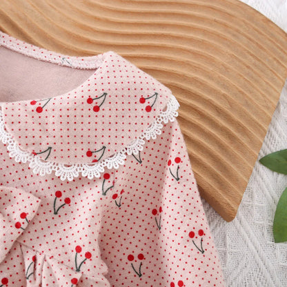 Jupe pour enfants de 0 à 3 ans, nouvelle collection printemps-automne, robe fraîche à motif de cerises, avec nœud décoratif et col haut