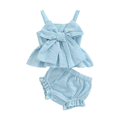 Ensemble short pour bébé fille, imprimé rayé, gros nœud, haut sans manches à bretelles et short extensible taille haute