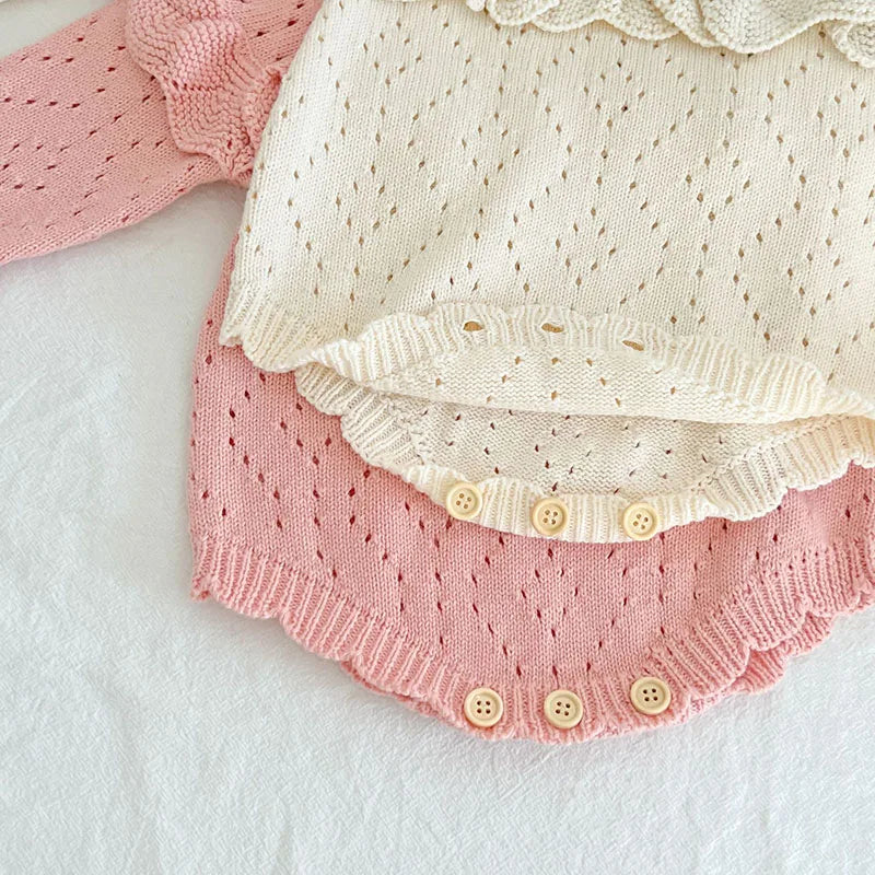 Body tricoté pour nouveau-né fille, couleur unie, ajouré, manches longues, automne, printemps, combinaison tricotée pour bébé fille