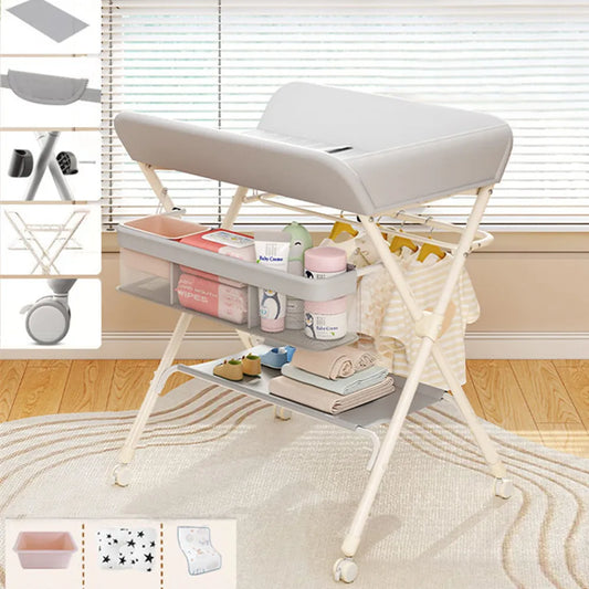 Portable Baby Changing Table for Nursery Height Adjustable Foldable Diaper Table with Swivel Wheels Drying Rack Large Storage