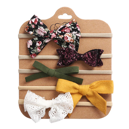 5Pcs/Set Flower Fabric Cloth Bow Print Baby Headband Elastic Nylon Hair Bands Newborn Photography Props Kids Accessories