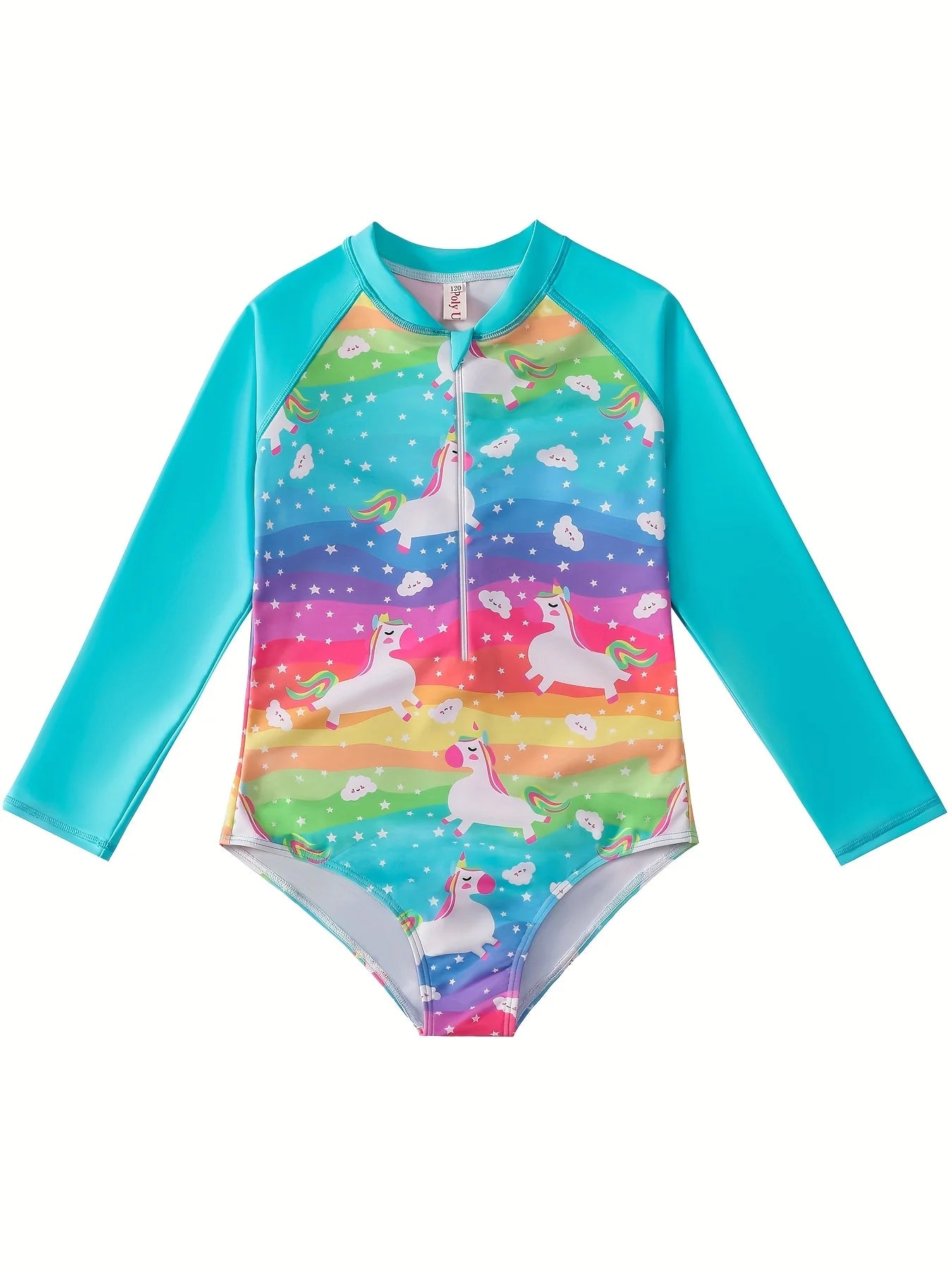 Maillot de bain arc-en-ciel pour fille, manches longues, bas de bikini, imprimés colorés et joyeux, motif animal et cheval fantaisiste