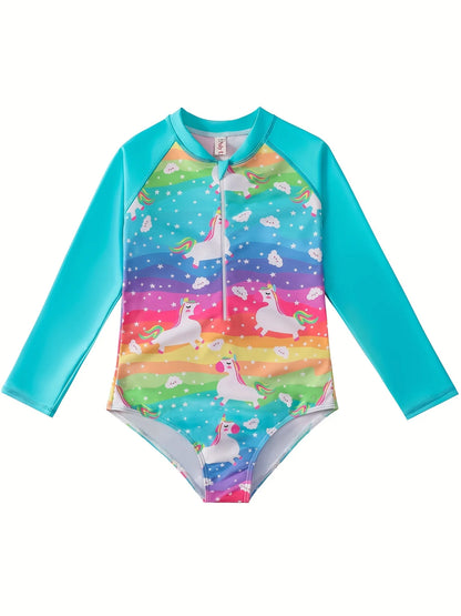 Maillot de bain arc-en-ciel pour fille, manches longues, bas de bikini, imprimés colorés et joyeux, motif animal et cheval fantaisiste