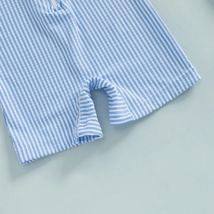 Maillots de bain d'été pour bébés garçons, imprimés rayés, fermeture éclair, col rond, manches courtes, combinaisons anti-éruption cutanée, chapeaux, maillots de bain