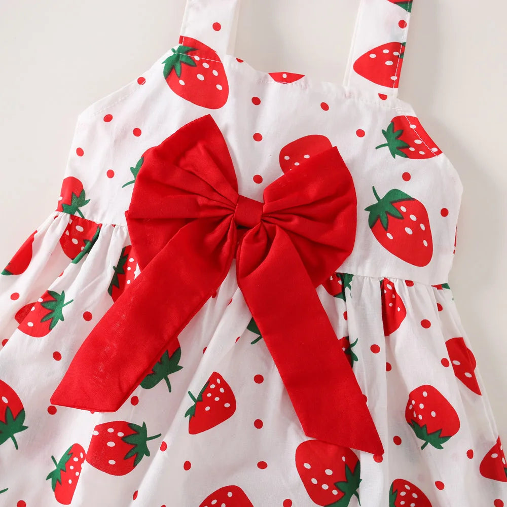 Ensemble robe et chapeau d'été pour bébé fille, 2 pièces, robe décontractée à petits pois ronds, imprimé fraise, nœud sur le devant, pour tous les jours