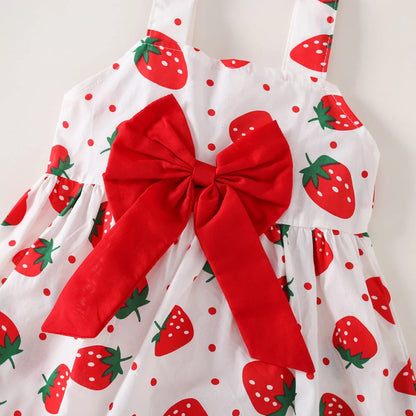 Ensemble robe et chapeau d'été pour bébé fille, 2 pièces, robe décontractée à petits pois ronds, imprimé fraise, nœud sur le devant, pour tous les jours