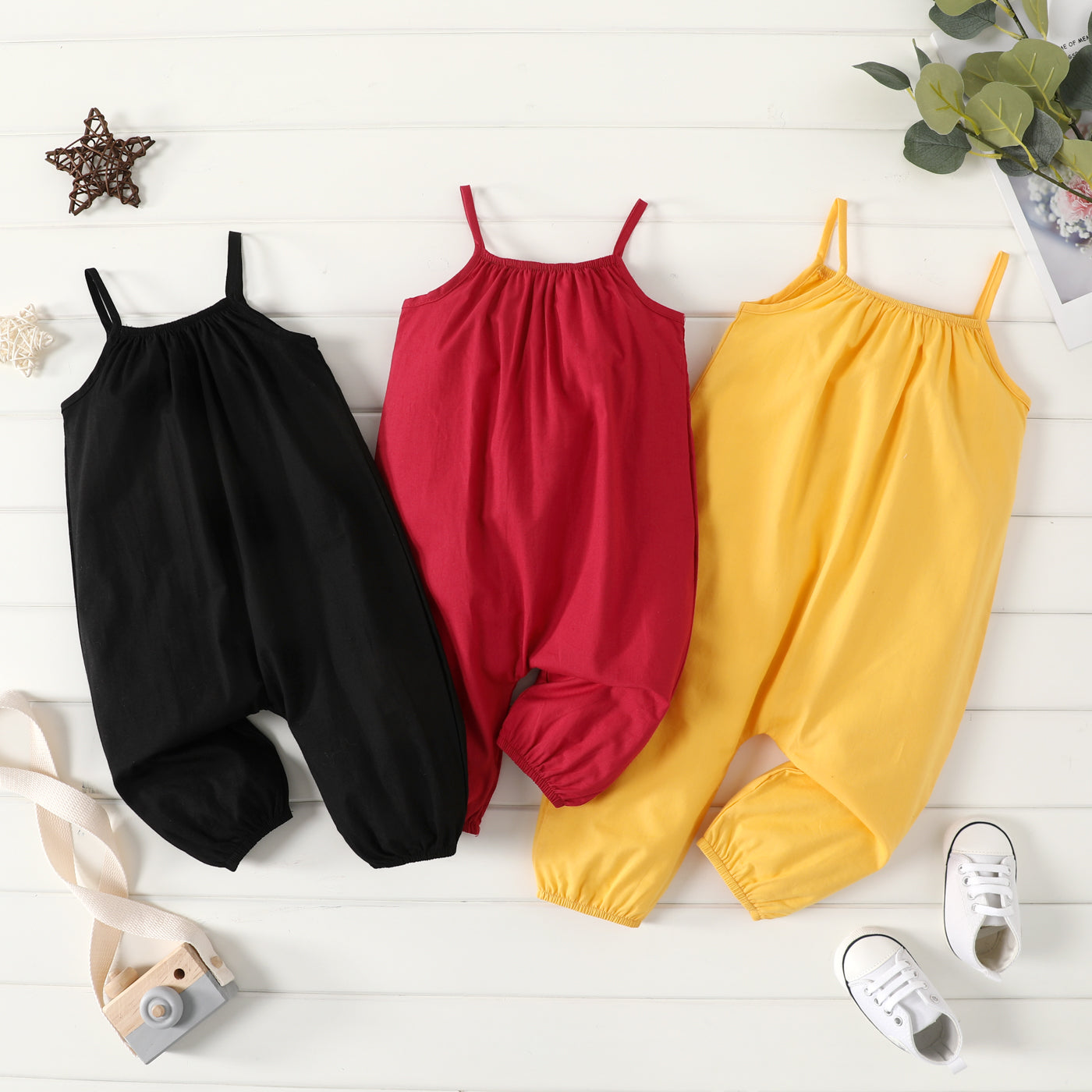 PatPat Salopette ample 100 % coton pour bébé fille, couleur unie, sans manches, bretelles spaghetti, sarouel, douce et confortable