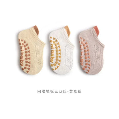 Lot de 3 paires de chaussettes d'été pour bébé, couleur unie, antidérapantes, en silicone, en maille respirante, fines, pour l'intérieur