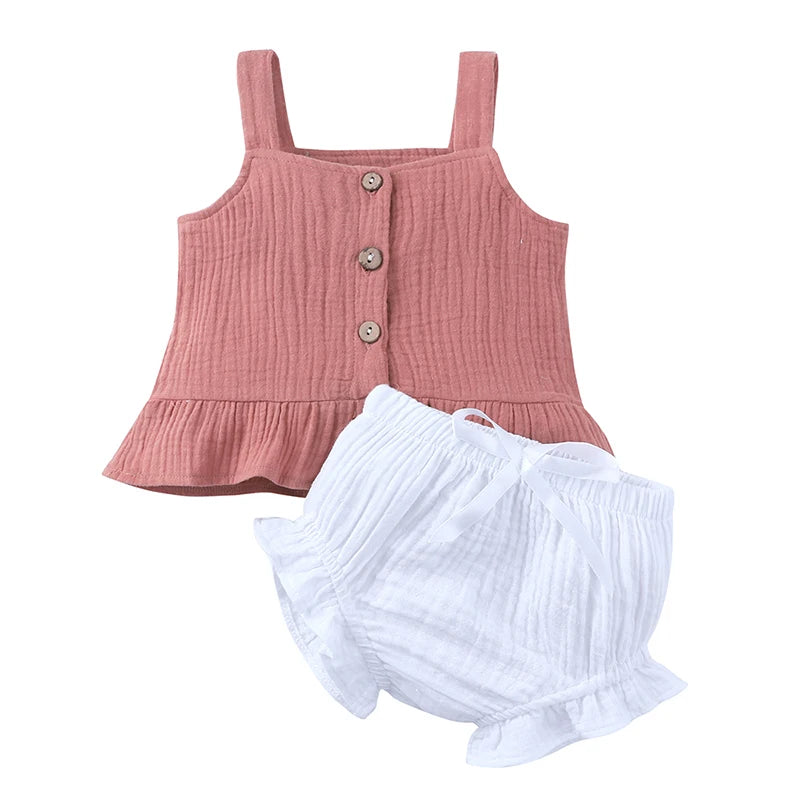 Ensemble de vêtements d'été pour nouveau-né fille, haut sans manches à volants en coton uni, pantalon court, 2 pièces