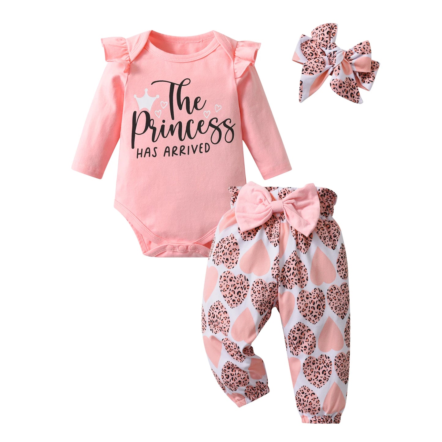 Ensemble 3 pièces pour bébé fille, barboteuse à manches longues avec lettres, pantalon et bandeau