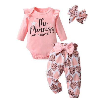 Ensemble 3 pièces pour bébé fille, barboteuse à manches longues avec lettres, pantalon et bandeau