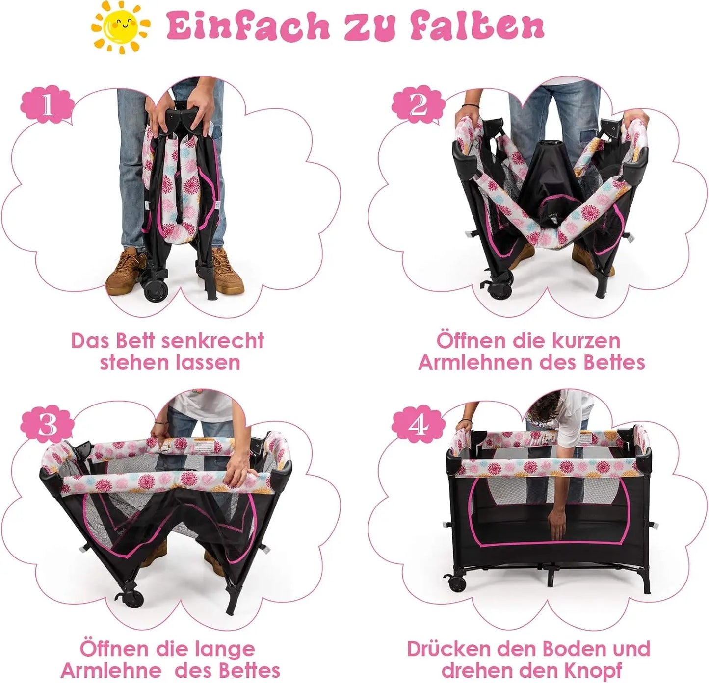 4-in-1 Folding Travel Cot & Cot & Changing Table & Playpen, 2 Levels Baby Bed Height Adjustable with Carry Bag, Mattress