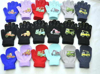 5-11Y Children Cartoon Vehicle Plush Warm Gloves For Boys Girls Student Winter Knitted Mittens Outdoor Cycling Skiing Gloves New