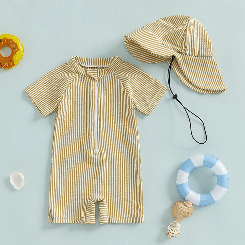 Maillots de bain d'été pour bébés garçons, imprimés rayés, fermeture éclair, col rond, manches courtes, combinaisons anti-éruption cutanée, chapeaux, maillots de bain