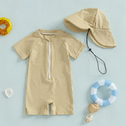 Maillots de bain d'été pour bébés garçons, imprimés rayés, fermeture éclair, col rond, manches courtes, combinaisons anti-éruption cutanée, chapeaux, maillots de bain