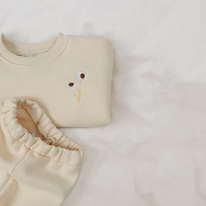 Ensemble de vêtements d'hiver pour bébé garçon et fille, sweat-shirt et pantalon en polaire épaisse brodée de fleurs, survêtement chaud pour enfant, tenue unisexe pour tout-petits, 2025