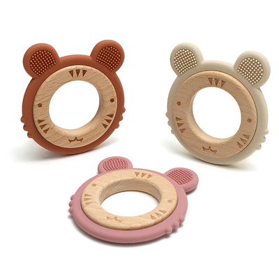 1 anneau de dentition en silicone pour bébé, sans BPA, mignon, dessin animé, pendentif tigre, jouet de dentition, anneau en bois, accessoires à mâcher, jouets pour bébé