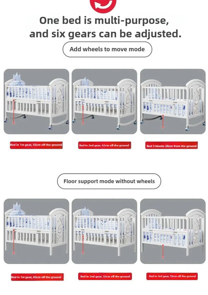 2025New Solid Wood Baby Crib Movable Splicing Bed Multifunctional Baby Rocking Bed Adjustable Guardrail Height with Mosquito Net