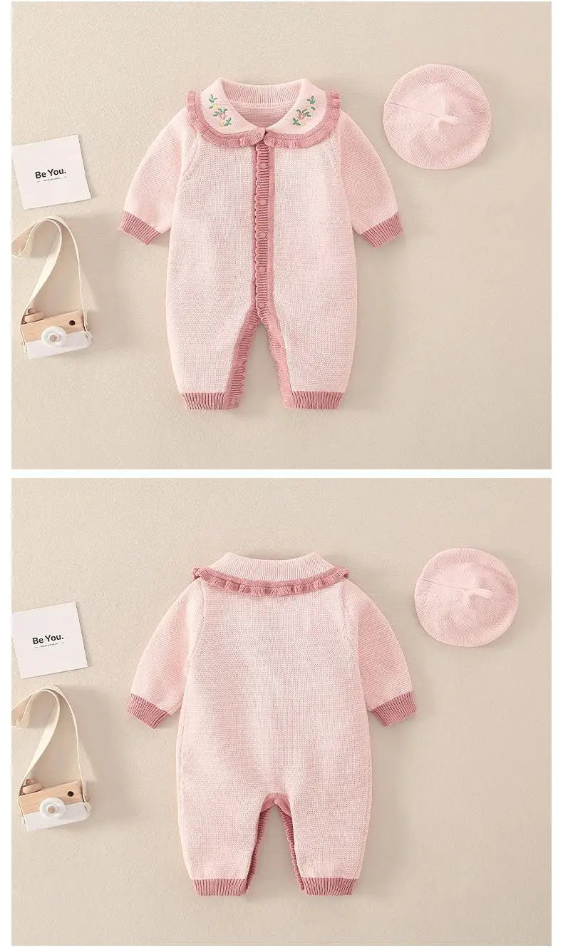 Barboteuse tricotée en coton à manches longues pour nouveau-né fille, col brodé, combinaison pour bébé fille, automne-hiver 2024
