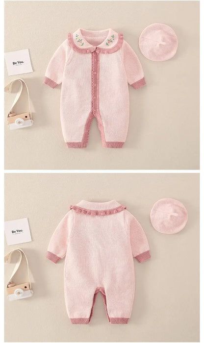 Barboteuse tricotée en coton à manches longues pour nouveau-né fille, col brodé, combinaison pour bébé fille, automne-hiver 2024