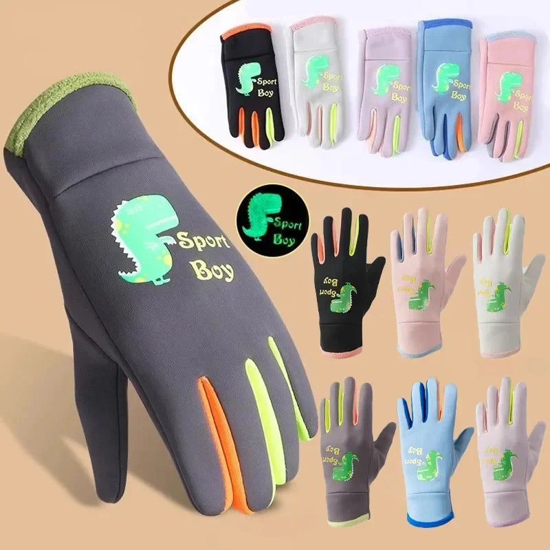 Winter Children's Gloves Cartoon Dinosaur Fluorescence Cycling Kids Warm Sports Skiing Windproof Waterproof Boys Girls Gloves