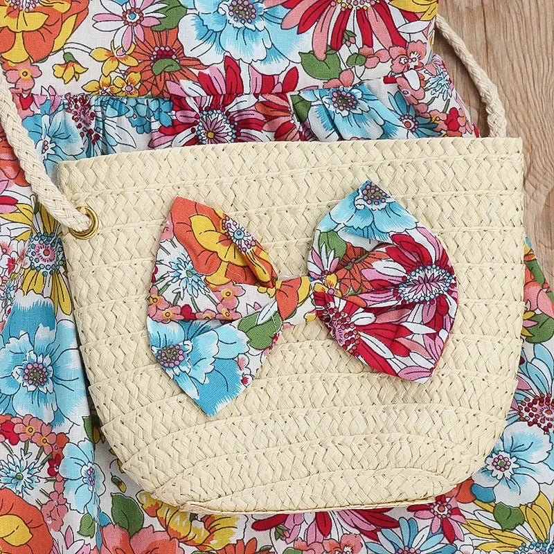 (Filles 0-3 ans) Nouvelle robe d'été pour filles, dos nu, petites manches volantées, fleurs à volants, imprimé complet + sac à bandoulière, robe trapèze
