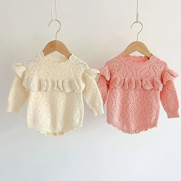 Body tricoté pour nouveau-né fille, couleur unie, ajouré, manches longues, automne, printemps, combinaison tricotée pour bébé fille