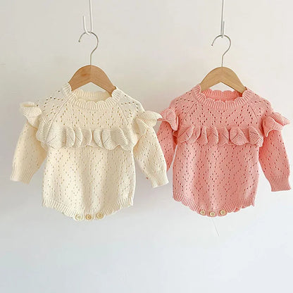 Body tricoté pour nouveau-né fille, couleur unie, ajouré, manches longues, automne, printemps, combinaison tricotée pour bébé fille